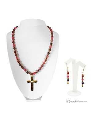 DALILA  – Set collana con croce e orecchini in rodonite, rodocrosite ed ematite, fatto a mano.
