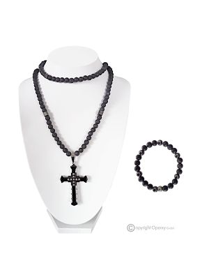 DARK – Set collana con croce e bracciale in pietra lavica ed ematite naturale, fatto a mano.