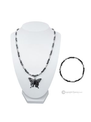 BUTTERFLY - Collana con bracciale, ematite naturale sfaccettata e galvanizzata argento, fatto a mano.