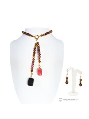 SOLEIL  – Set collana con orecchini in rodonite, ematite, occhio di tigre, quarzo e onice, fatto a mano.
