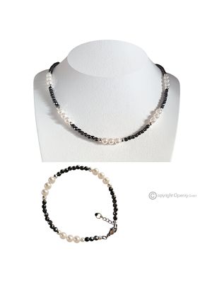 GAIA - Collana con bracciale in ematite e perle di conchiglie bianche compresse, fatto a mano.