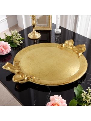 VASSOIO FIOCCO TONDO ORO Manici Fiocco in Foglia Oro Legno Lavorato Mano Made in Italy