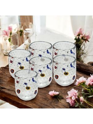 Set di 6 bicchieri in vetro soffiato trasparente, decorati con murrine originali di Murano, Venezia.