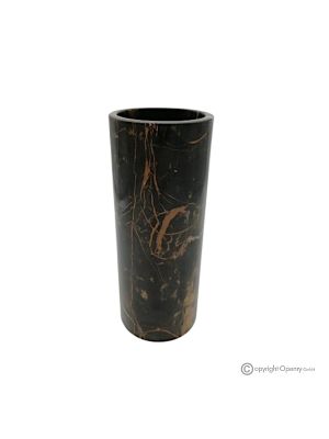 VASO cilindrico in marmo nero Michelangelo, pietra autentica, realizzato a mano, design elegante.