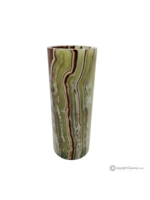 VASO cilindrico in marmo onice verde, pietra genuina, realizzato artigianalmente, design elegante.