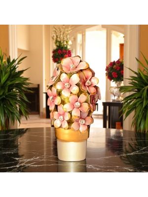 Pianta in ceramica artigianale ornata da fiori, cristalli Swarovski e dettagli oro, fatta a mano.