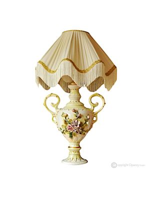Lampada da tavolo in ceramica artistica stile barocco, decorata con fiori e dettagli in oro, fatta a mano