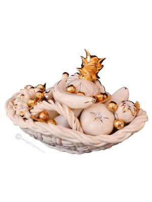 CESTO CON FRUTTA Decorazione da tavolo centrotavola ceramica artistica stile Barocco colore oro 24k cristalli swarovski 
