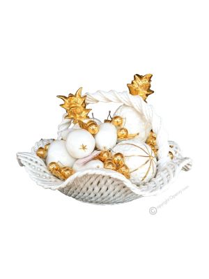 CESTO CON FRUTTA Decorazione da tavolo centrotavola ceramica artistica stile Barocco colore oro 24k