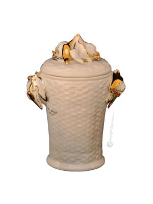 BARATTOLO CON COPERCHIO Decorazione da tavolo centrotavola ceramica artistica stile Barocco colore oro 24k