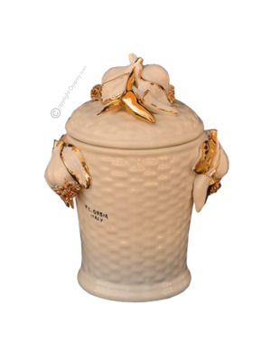 BARATTOLO CON COPERCHIO Decorazione da tavolo centrotavola ceramica artistica stile Barocco colore oro 24k