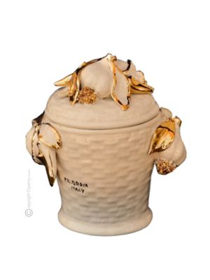 BARATTOLO CON COPERCHIO Decorazione da tavolo centrotavola ceramica artistica stile Barocco colore oro 24k