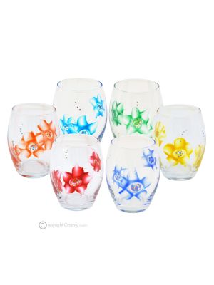 MONTECARLO Set 6 bicchieri acqua dipinti a mano autentici moderni in vetro di qualità superiore.