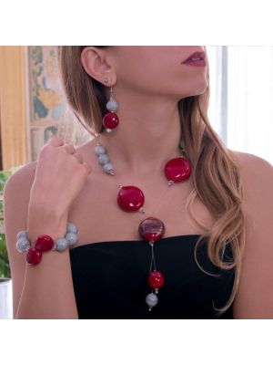 Elegante parure artigianale: collana, bracciale e orecchini, con perle originali in vetro di Murano soffiate.