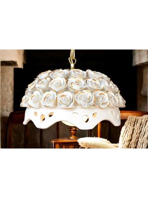 Lampadario a sospenione, in ceramica, decorato con rose, cristalli Swarovski ed oro.