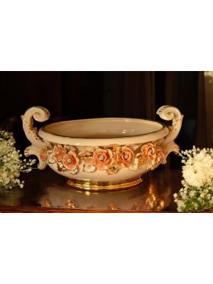 Portavaso, porta pianta in ceramica, decorato con rose, cristalli Swarovski e dettagli oro.