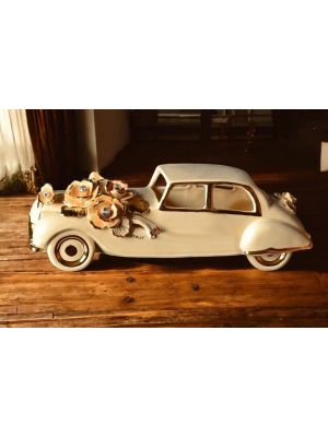 Roll-Royce in ceramica di prestigio, con rose, cristalli e particolari dorati, realizzata a mano.