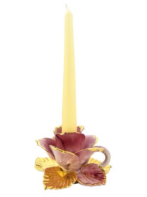 PORTACANDELE ROSA Candeliere Ceramica Creazioni Artistiche Barocco Oro 24k Made in Italy
