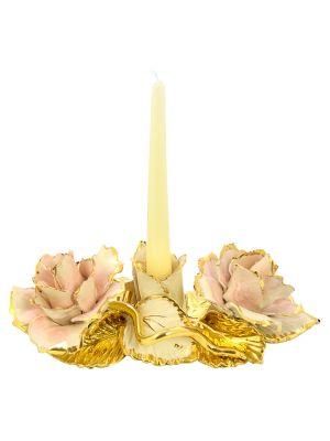 PORTACANDELE ROSA Candeliere Ceramica Creazioni Artistiche Barocco Oro 24k Made in Italy