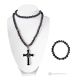 DARK – Set collana con croce e bracciale in pietra lavica ed ematite naturale, fatto a mano.